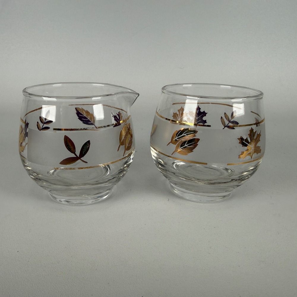 Vintage Libbey Golden Foliage Glass Cream and Sugar Set Mid Century Modern Gold